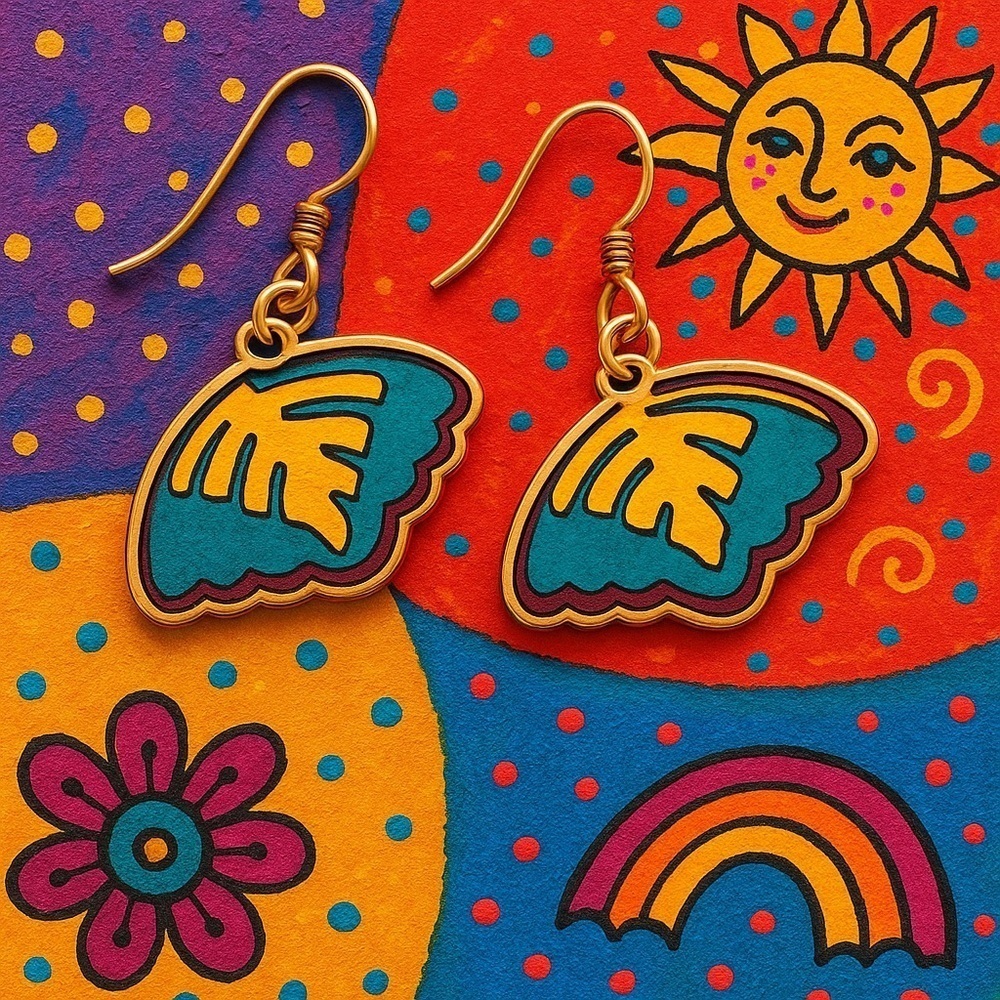 Vintage Laurel Burch Enamel Earrings Teal Gold Abstract Wing 1980s Cloisonné